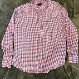 American Eagle Button Down Shirt Mens Prep Fit Red White Plaid Logo Pocket XXL